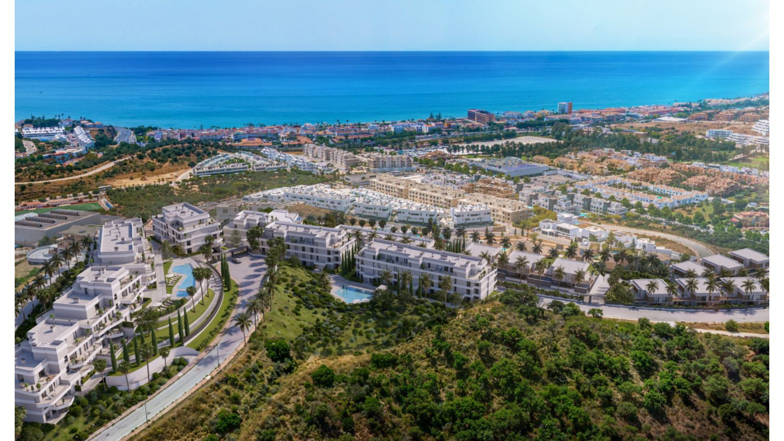 Moderne Apartments mit Meerblick in Vision Hills, umgeben von Grün und mit Pool.